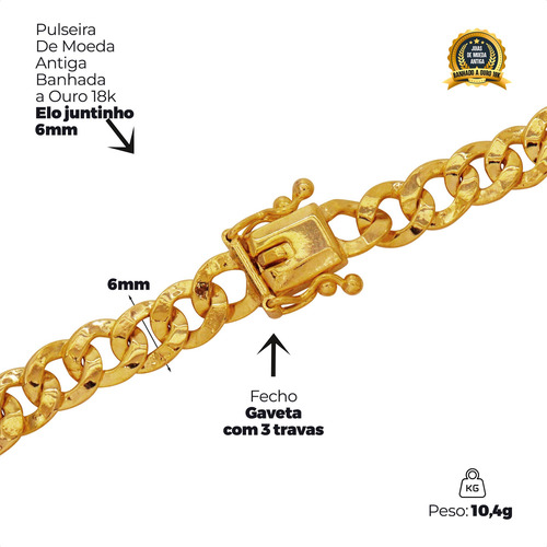 Pulseira De Moeda Antiga Banhada A Ouro 18k Elo Juntinho 6mm