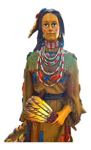 Estatua Índia Xamã 32cm Com Abano E Cesta