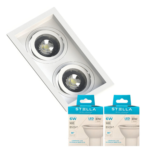 2x Spots Duplo Recuado Dicroica Mr16 + Lâmpadas 6w Stella Estrutura Branco - Branco Quente 110v/220v