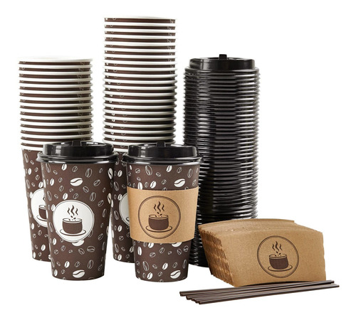 Tazas De Caf Desechables Con Tapas, Mangas Y Pajitas, 16 Onz