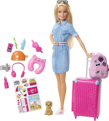 Muñeca Barbie Y Juego De Viaje Con Perrito, Equipaje Y Más D