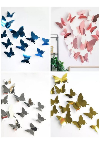 Mariposa Decorativa 3d Espejado Adhesivo Deco Hogar 12 Pieza