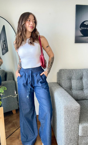 Palazo Jean Mujer Pantalón Dama Ancho Tendencia Moda Cintura