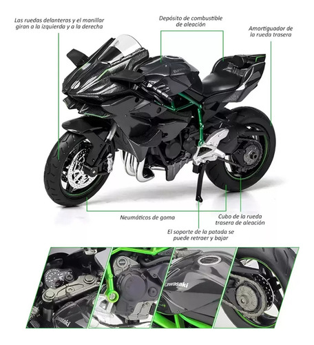 --motocicleta De Metal Em Miniatura Kawasaki H2r Com Base Li