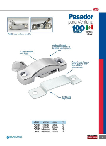 Pasador Para Ventana Abatible, Con Contra Lock® Natural 2pzs