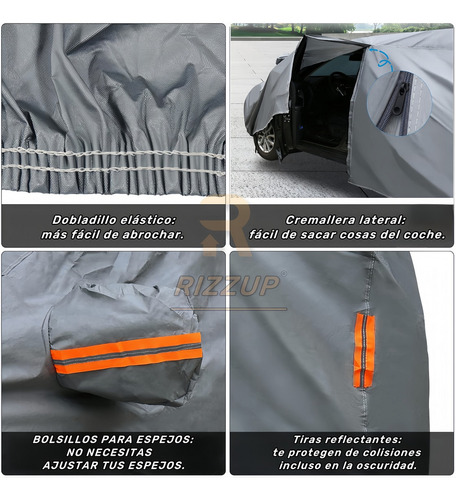 Rizzup® 5.5m Funda Para Pickup 100% Impermeable Cubiertas Para Autos Coche Protector Automovil Vehiculos Accesorios Gris Oscuro 4 Tiras Reflectantes Incluye Cremallera Lateral