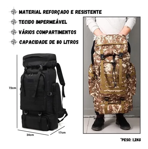 Mochila Grande Viagem Camping Masculina Feminina Resistente Impermeável  Reforçada 90 Litros