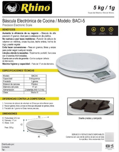 Báscula De Cocina Digital Rhino Baci-5 Pesa Hasta 5kg Blanca