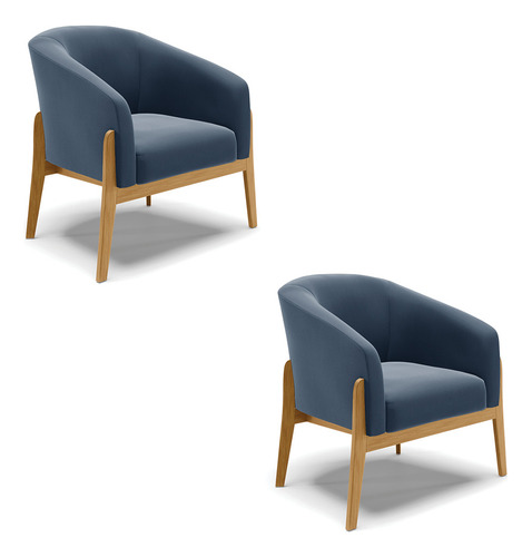 Kit 02 Poltronas Stella Suede Base Madeira Castanho Cor Azul-marinho