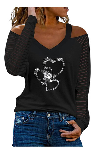 Blusa Brillante Para Mujer Estampado Diamante Caliente Manga