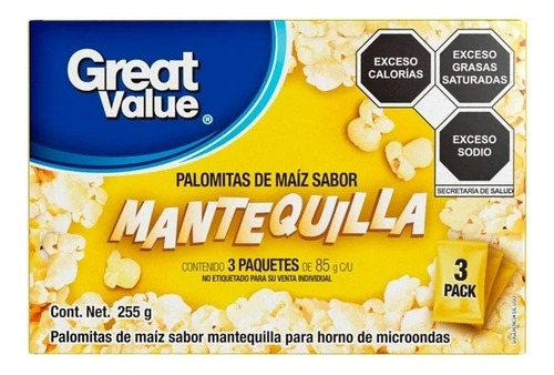 3 Pza Palomitas De Maíz Great Value Sabor Mantequilla Para M