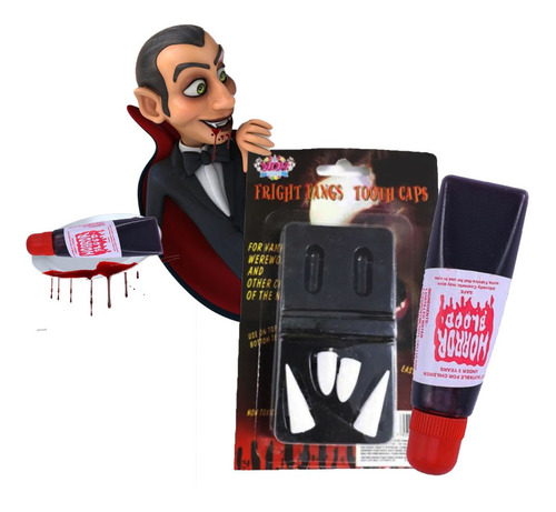 Imagem 1 de 3 de Kit Sangue Falso + Dente Vampiro Halloween Fantasia