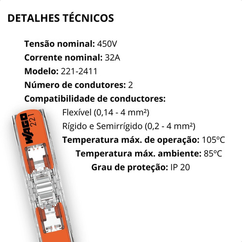 Kit 10 Conector Compacto Emenda 2 Fios Inline 4mm² 32a Wago