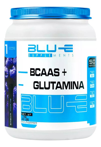 Blu-e Supplements BCAA'S + Glutamin Fórmula 0% Carbohidratos y Grasas 50 Servicios Libre de Gluten Sabor a Mora