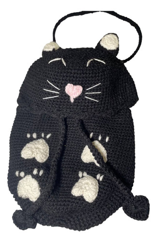 Bolsa Mochila Kawaii Diseño Gato Tejida A Crochet Acabado De Los Herrajes Tejido Color Negro Correa De Hombro Negro Diseño De La Tela Tejido