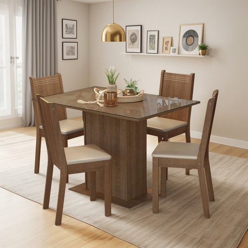 Sala De Jantar Mesa Tampo De Vidro 4 Cadeiras Camélia Madesa Cor Rustic/Sintético Bege