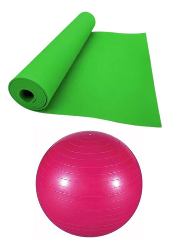 Colchonete Yoga Tapete Bola Exercicios 65 Cm Kit Com 2 Peças Cor Verde/Rosa