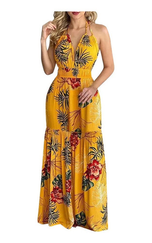 Vestido De Mujer Con Estampado Tropical Frente Sencillo Sin