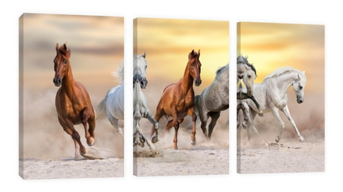 Cuadro Decorativo Canvas Triptico Vertical Caballos Atardece