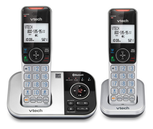 Vtech Vs112-2 Dect 6.0 Teléfono Inalámbrico Bluetooth 2 Para El Hogar Con Contestador, Bloqueo De Llamadas, Identificador De Llamadas, Intercomunicador Y Conexión A La Celda (plateado Y Negro)