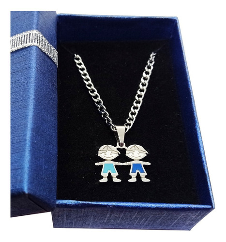 Collar / Cadena De Acero Quirúrgico Dije Dos Nenes Dos Niños Color Plateado