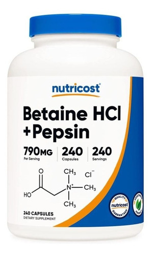 Suplemento en cápsula Nutricost  Premium Betaine HCL + Pepsin vitaminas