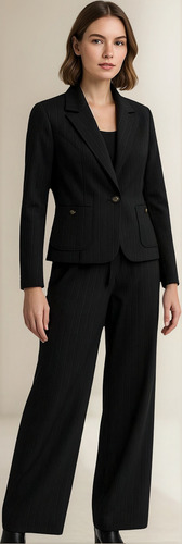 Traje Sastre Mujer Aixa Saco Y Pantalón Estilo Moderno Negro Lino Rayado 36