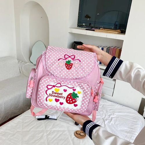 Mochila Rosa Bordada Con Dibujos Animados De Fresas