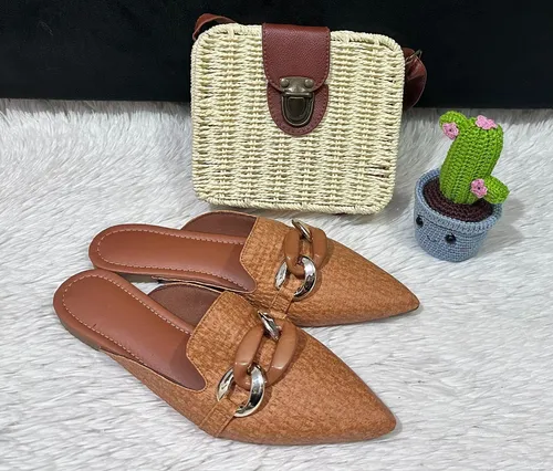 Mule Feminino Cal ados Bico Fino Alongado Bege Enfeite Luxo