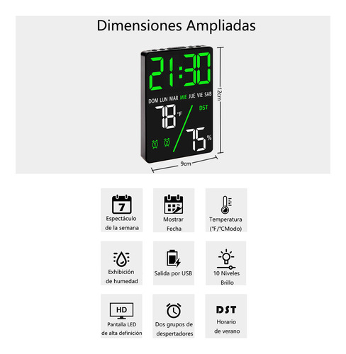 Y Reloj Despertador Digital Led Con Termómetro E Higrómetro
