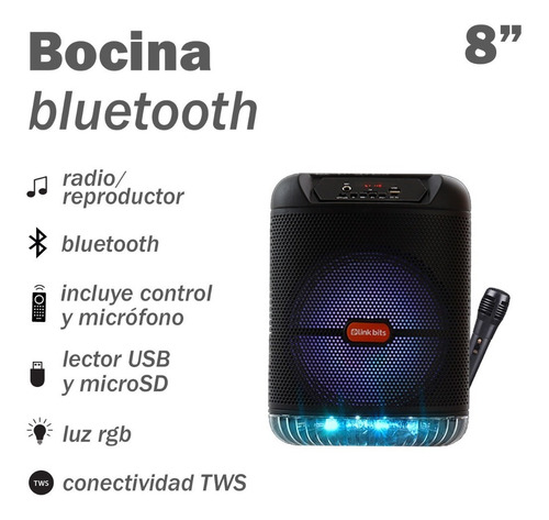 Bocina Recargable Bluetooth Micrófono Luz Tws Control 8 PuLG
