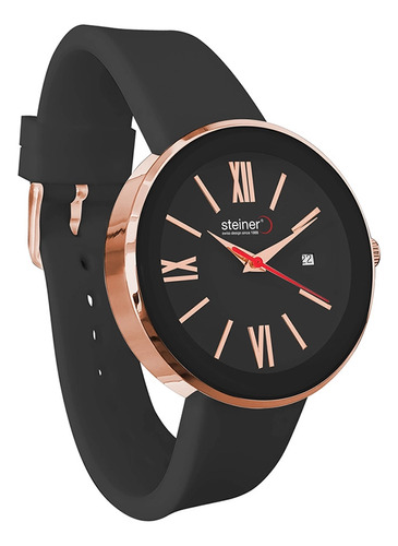 Reloj Para Mujer Números Romanos Steiner Con Fechador 37 Mm Correa Negro Bisel Oro rosa Fondo Negro