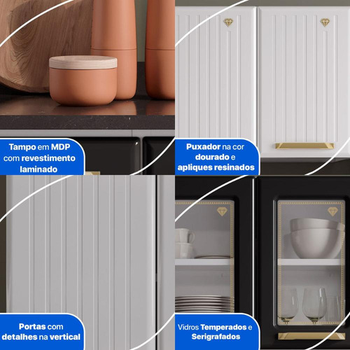 Cozinha Completa Aço 4 Pç Balcão C/tampo Multimóveis Cr20370 Cor Branco/Preto