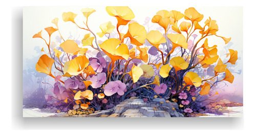 40x20cm Cuadro Ginkgo Biloba Amarillo Morado Abstracto