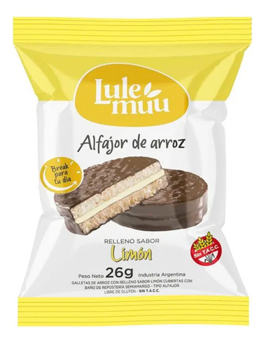 Alfajor De Arroz Lulemuu Sabor Limón Caja X 12 Libre Gluten