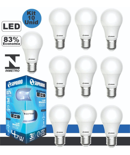 Kit 10 Lâmpada Led4,7w Bulbo Soquete E27bivolt Casa Comércio