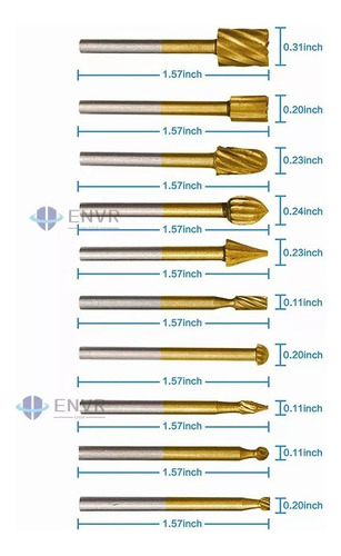 Kit 10 Brocas Burr Hss Grabado Tallado En Madera Drem Cortad