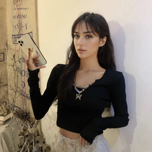 Camiseta Estampada Con Cuello En V Y Manga Larga Para Mujer