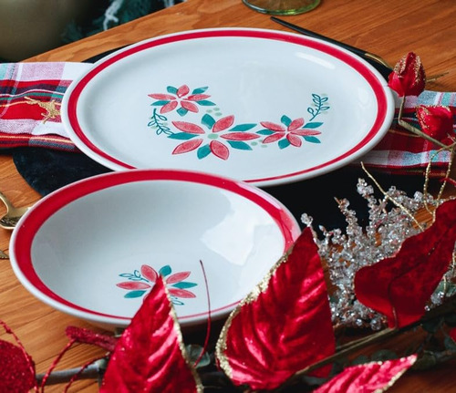 Set Vajilla Cerámica Santa Anita Flores Navideñas 12 Piezas
