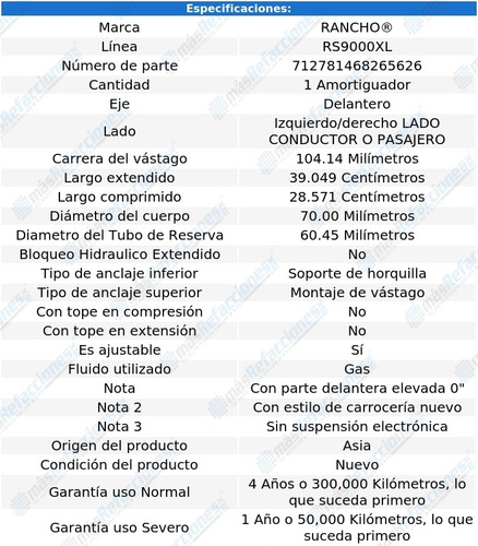 Amortiguador 39.049 Cm Rs9000xl Izq/der Del Yukon V8 4.8l 00