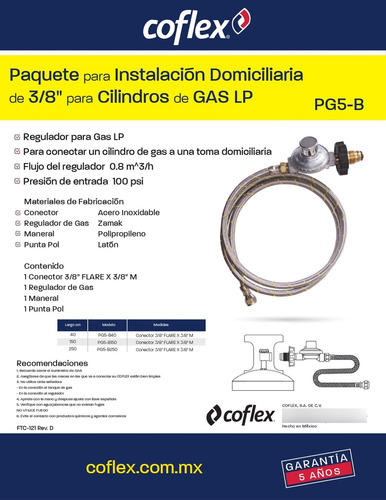 Manguera 1 Via 1.5m C/regulador Baja Presión Coflex Pg5b150 Gris Oscuro