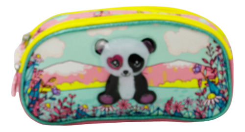 Lapicera Estuchera Escolar Triple Compartimento Panda Rosa Floreado