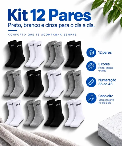12 Pares De Meias Masculinas Cano Alto Grossa Algodão Oferta Preto/branco/cinza Sport 36/43