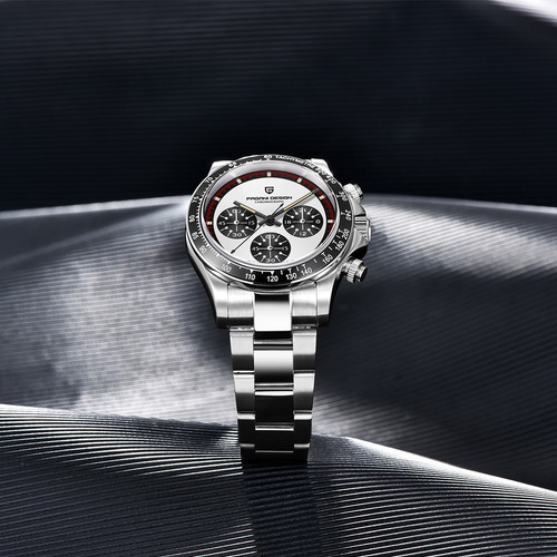 Reloj D/cuarzo Pagani Design Deportivo C/cronógrafo P/hombre Correa Plateado Bisel Plateado Fondo Negro
