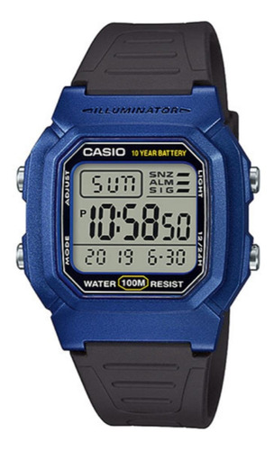 Reloj de pulsera Casio Collection W-800h-1AVDF de cuerpo color azul, digital, para hombre, fondo blanco, con correa de resina color negro, dial negro, minutero/segundero negro, bisel color azul y hebilla simple