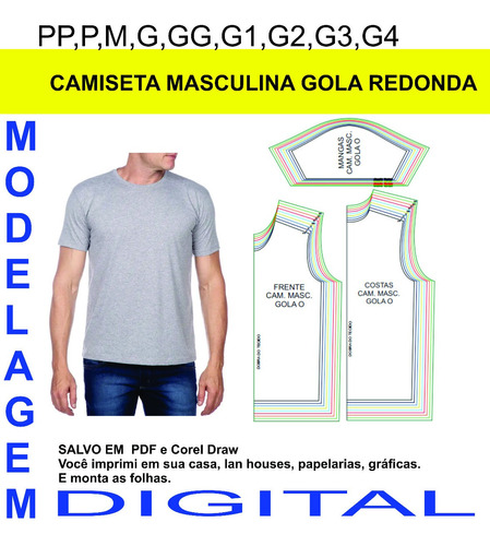 Molde Camiseta Masculina, Gola O, Redonda,camisa Careca