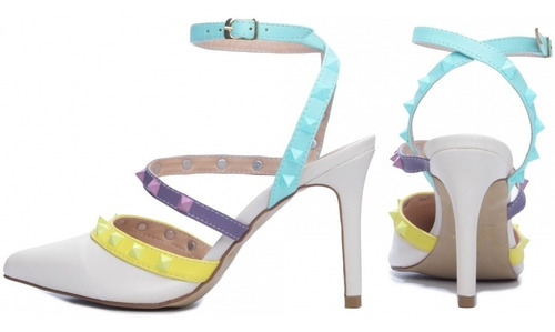 Imagem 3 de 5 de Sapato Off White Feminino Salto Alto Fino Apliques Colorido