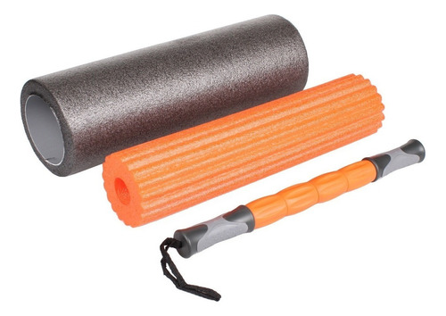Set Rodillos Rolo Elongación + Stick Masajeador 45 Cm 3 En 1 Color Negro Y Naranja