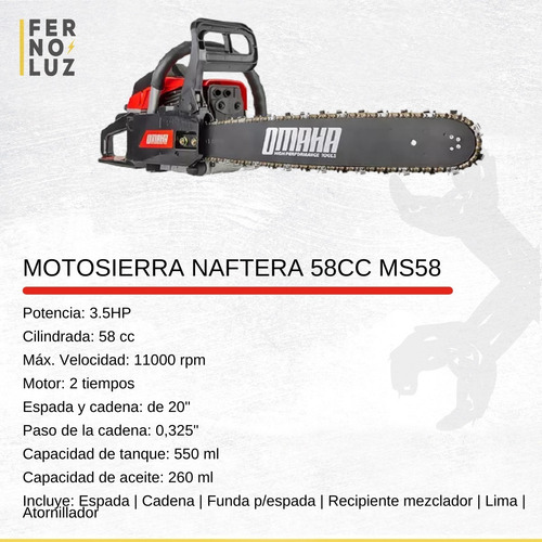 Imagen 2 de 10 de Motosierra Naftera Omaha Ms58 58cc Espada De 20 Pulgadas