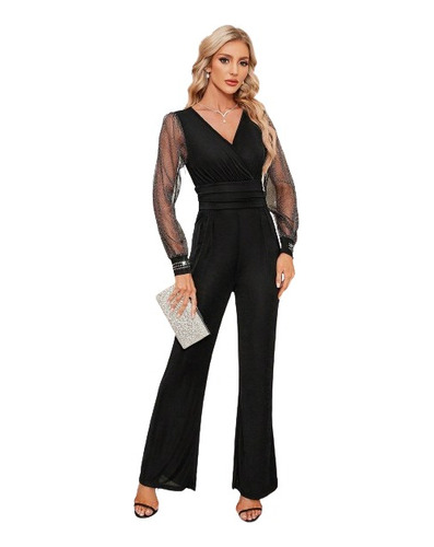 Entero Jumpsuit Mono Negro Fiesta Escote Cruzado El 167